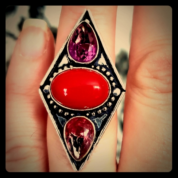 New Coral and Bi-Color Tourmaline 925 Silver Ring. - Picture 2 of 8
